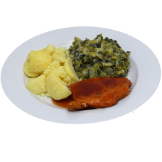 Varkensfiletlap Vleesjus, prei a la creme en gekookte aardappelen (zoutarm/natriumarm)